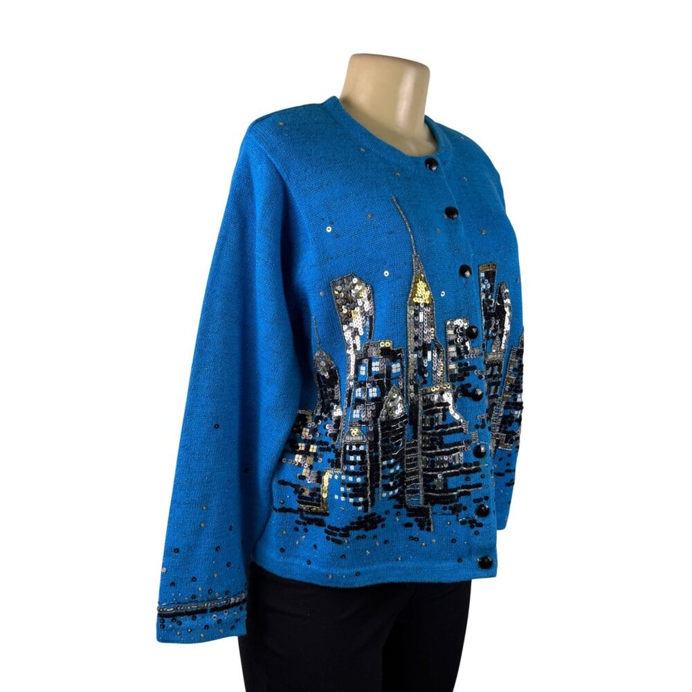 Design Options Womens Blue Button-Up Sequin Cardigan Skyline Embellished Sz L - Picture 3 of 10